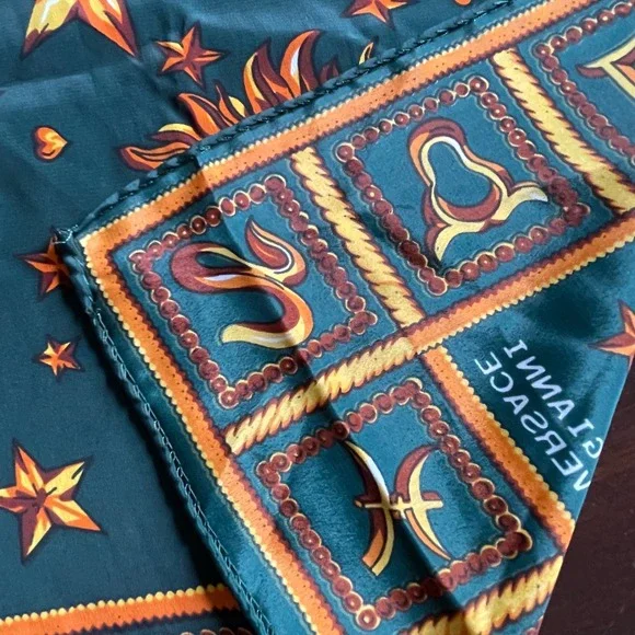 Gianni Versace Vintage Silk Scarf Celestial Zodiac Sun Moon Teal Green 34x34 - Picture 3 of 10